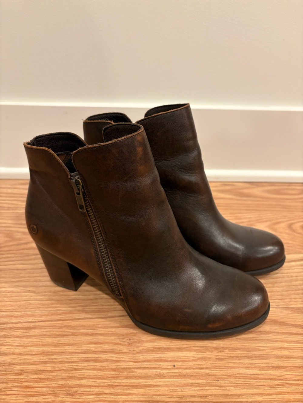 Born Brown Genuine Leather Ankle Booties with Zipper Fall Neutral 2.5” heel
